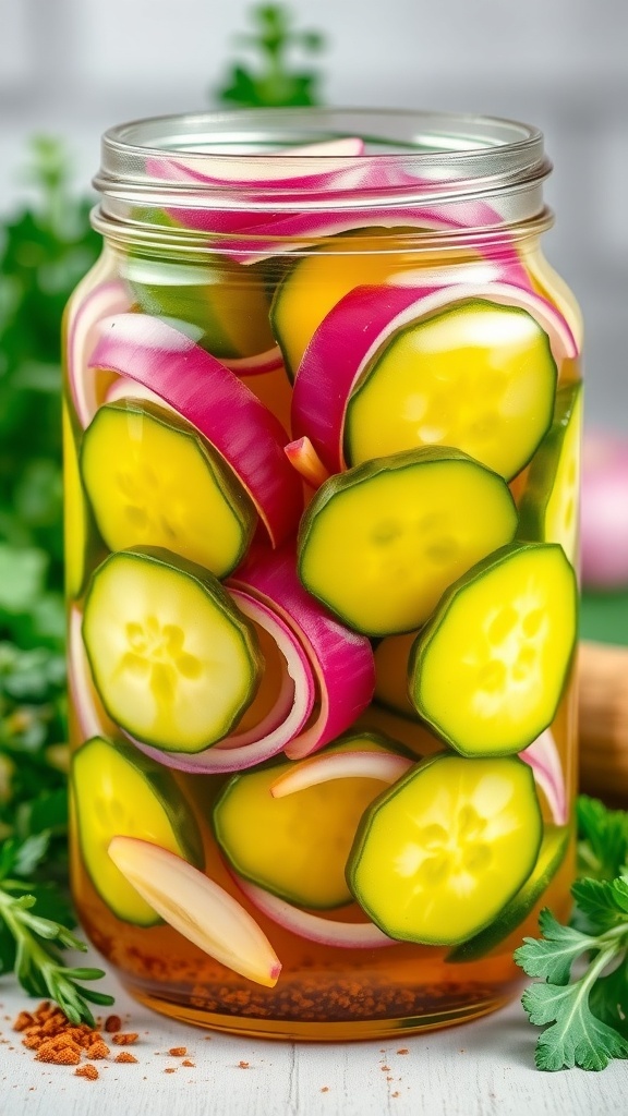 A jar of tangy pickled cucumbers and onions in brine, garnished with herbs.